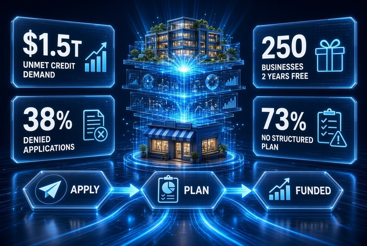 GoodBiz.AI Charleston County program metrics infographic: $1.5T unmet credit demand, 250 businesses for 2 years free, 38% denied applications, 73% no structured plan