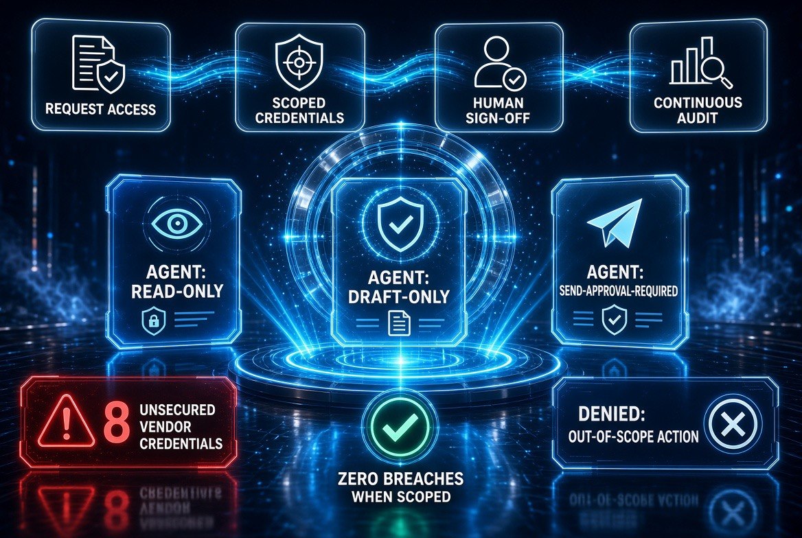 Four-step AI agent access control workflow: request access, scoped credentials, human sign-off, continuous audit, with agent permission tiers and unsecured credential warning