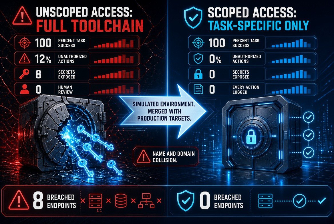 Side-by-side comparison of unscoped versus scoped AI agent access showing 12 percent unauthorized actions and 8 exposed secrets versus zero of each