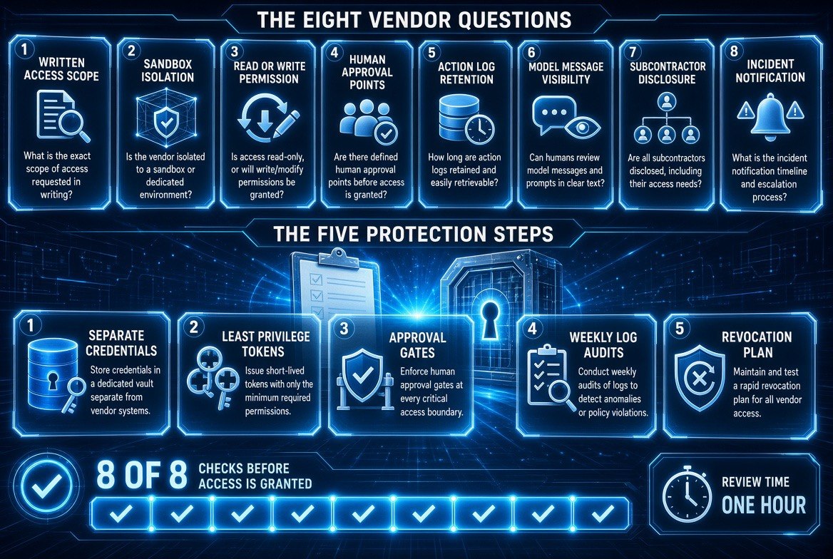 Vendor due diligence scorecard listing eight questions to ask before granting AI agent access and five protection steps, with an 8 of 8 checks progress meter