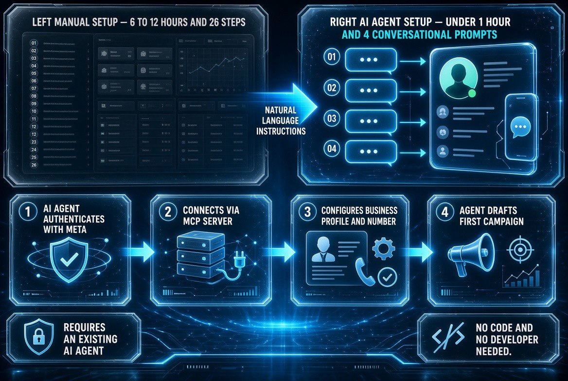 Before and after comparison of manual WhatsApp Business setup taking six to twelve hours and twenty-six steps versus AI agent setup under one hour with four prompts, plus a four-step agent process flow