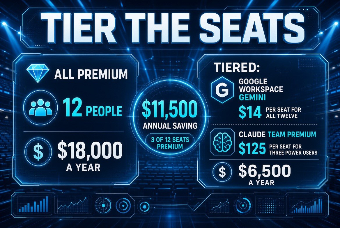 AI plan tiering cost for a 12 person company: buying Claude Team Premium for all 12 people costs $18,000 a year, versus a tiered configuration of Google Workspace with Gemini at $14 per seat for all twelve plus Claude Team Premium at $125 per seat for three power users at $6,500 a year, saving $11,500