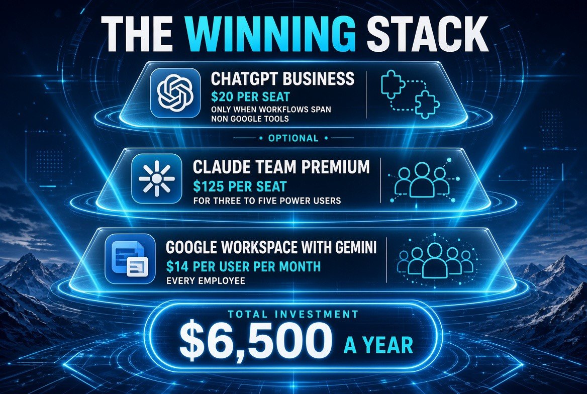 The winning small business AI stack: Google Workspace with Gemini at $14 per user per month for every employee as the base layer, Claude Team Premium at $125 per seat for three to five power users, and optional ChatGPT Business at $20 per seat only when workflows span non-Google tools, totaling $6,500 a year