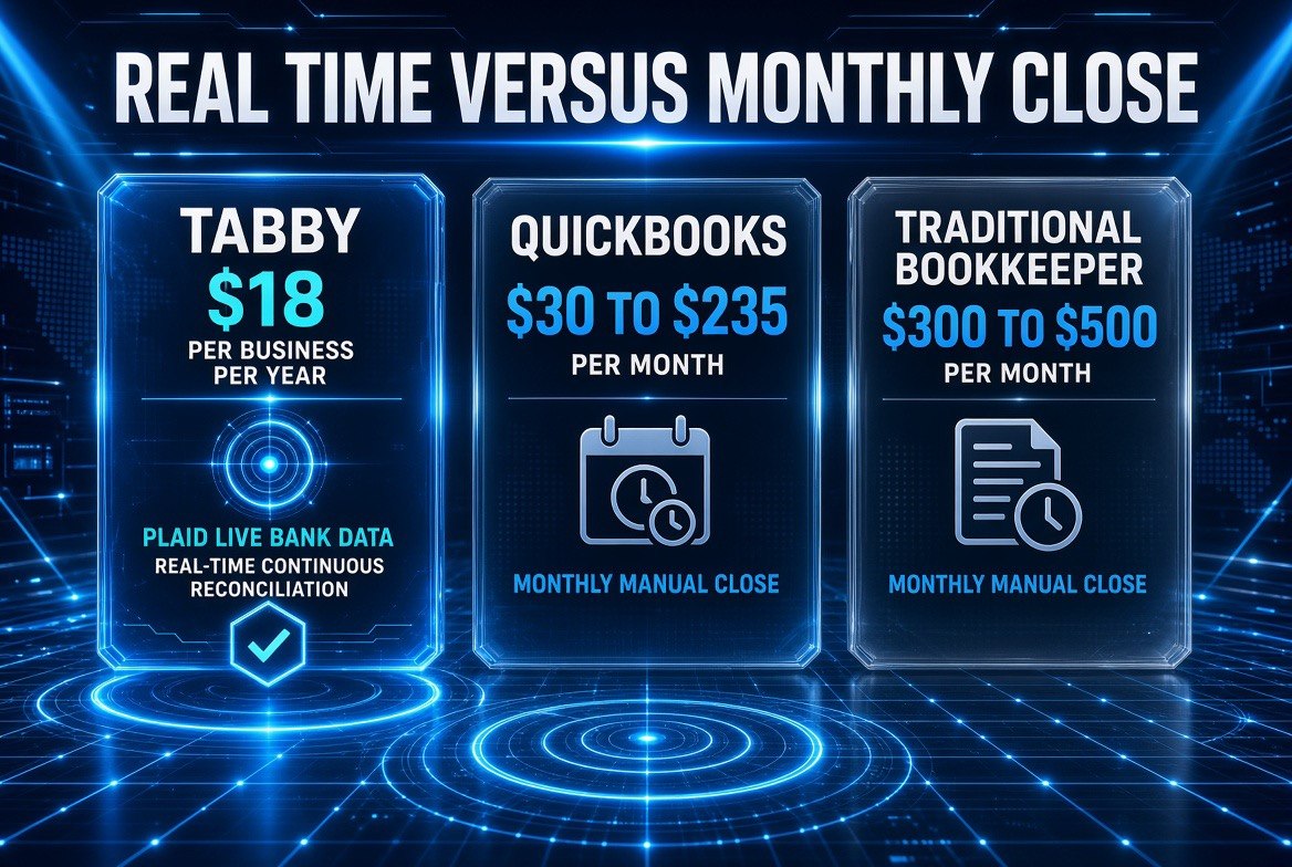 Cost comparison infographic of Tabby at about $18 per business per year against QuickBooks at $30 to $235 per month and a traditional bookkeeper at $300 to $500 per month