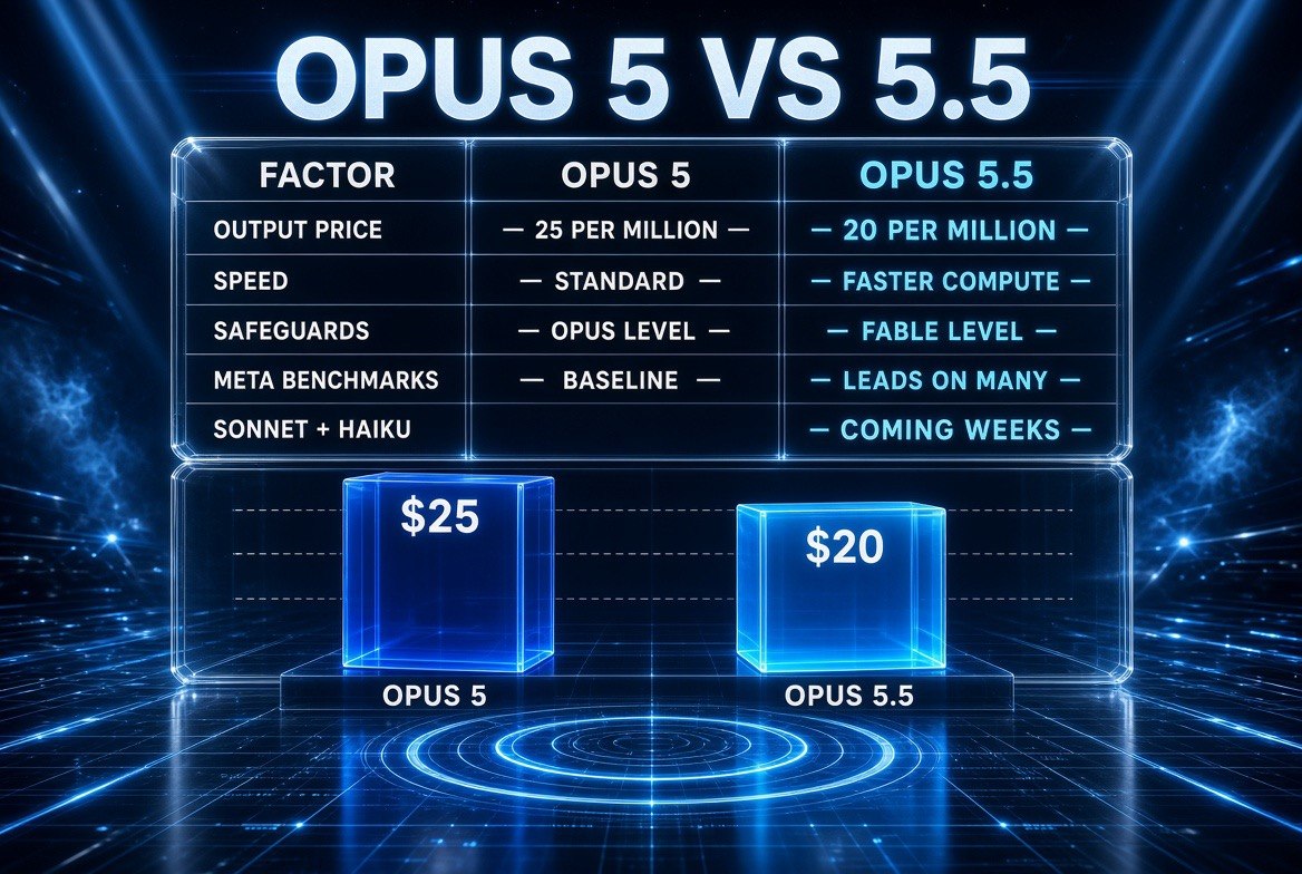 Opus 5 versus Opus 5.5 comparison: output price falls from $25 to $20 per million tokens while speed, safeguards and benchmark results improve