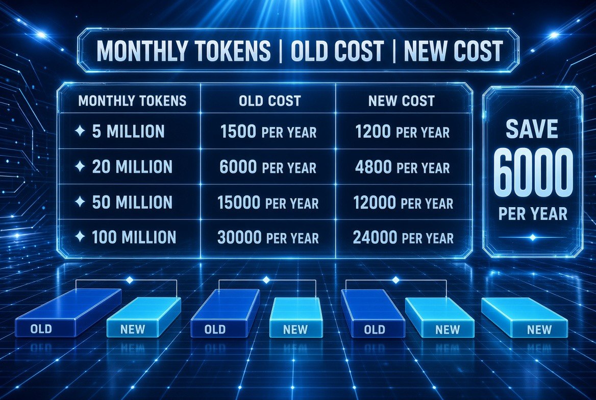 Annual output token cost at four usage tiers: five million monthly tokens falls from $1,500 to $1,200 a year, while 100 million tokens falls from $30,000 to $24,000