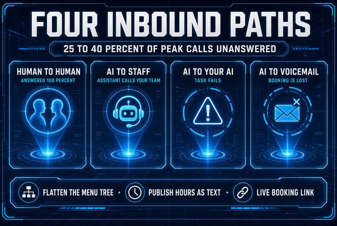 Four inbound call paths: human to human, AI to staff, AI to your AI, and AI to voicemail, with 25 to 40 percent of peak calls unanswered