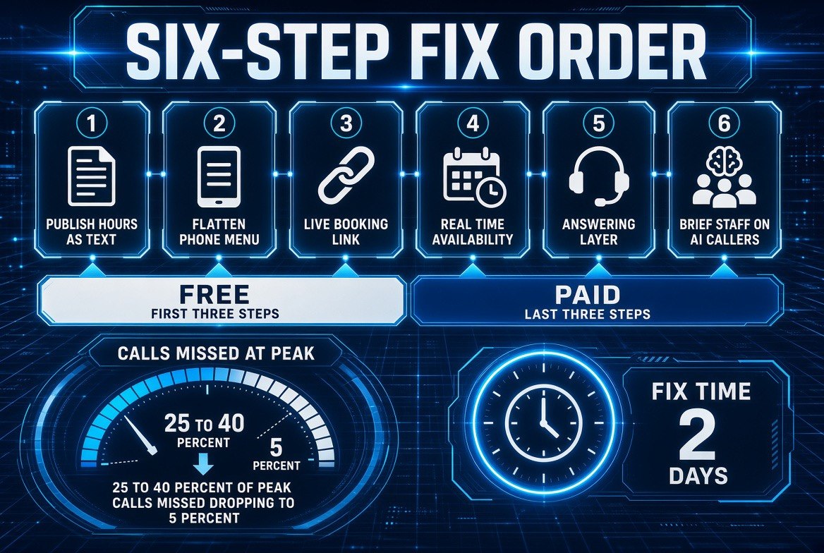 Six step phone fix order showing publish hours, flatten menu, live booking link as free steps, then real time availability, answering layer and staff briefing as paid steps