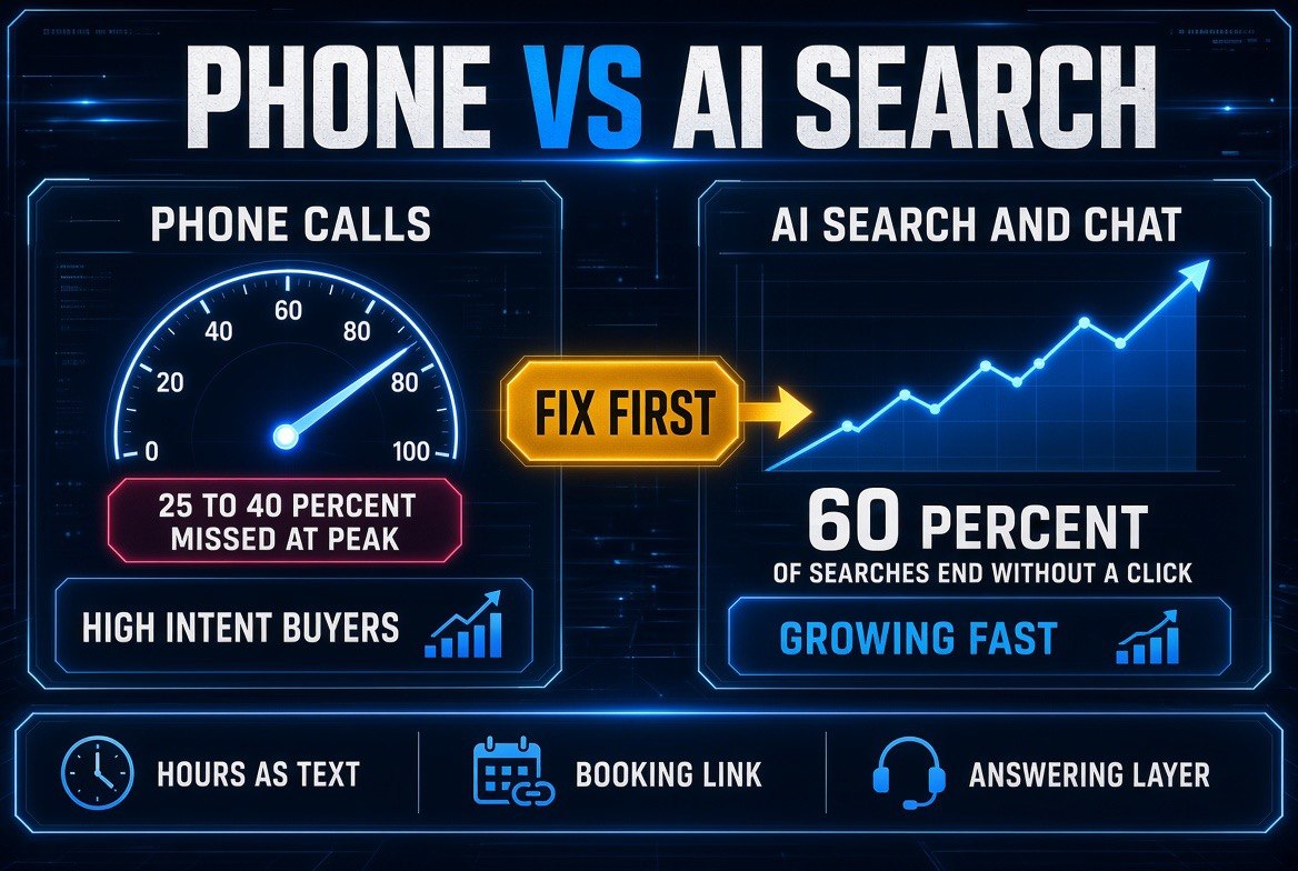 Phone versus AI search channel comparison showing 25 to 40 percent of peak calls missed while 60 percent of AI searches end without a click