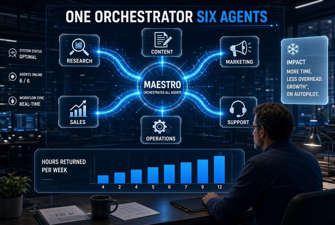 Wix Symphony Maestro orchestrator hub directing six specialist business agents with hours returned per week