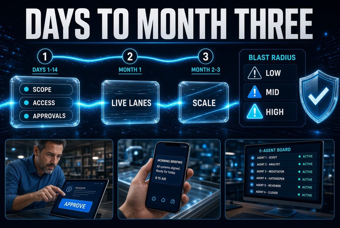 Three-stage AI agent rollout timeline with blast radius risk panel and human approval gate for a small business