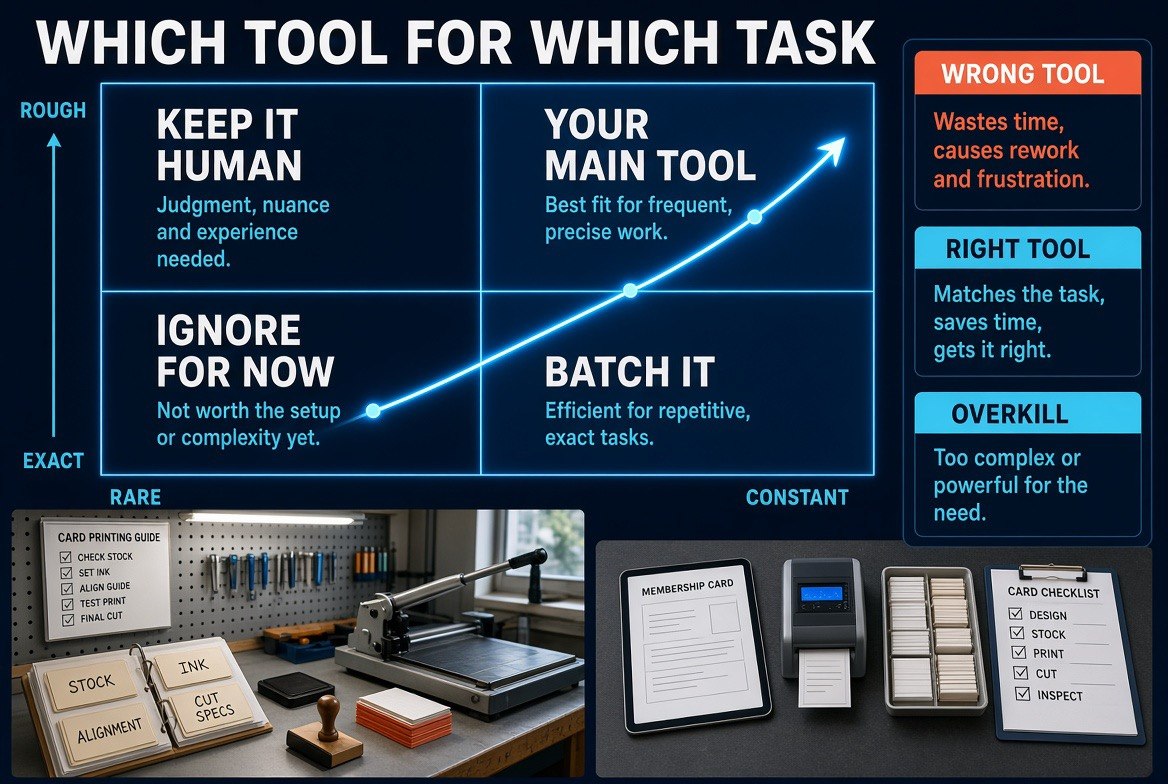 Four quadrant grid matching business tasks to AI tools by running frequency and precision needed, with wrong tool, right tool and overkill examples