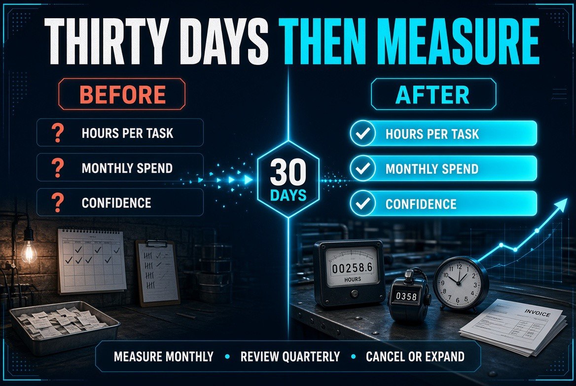 Before and after split panel comparing hours per task, monthly spend and confidence in output across a thirty day measurement period