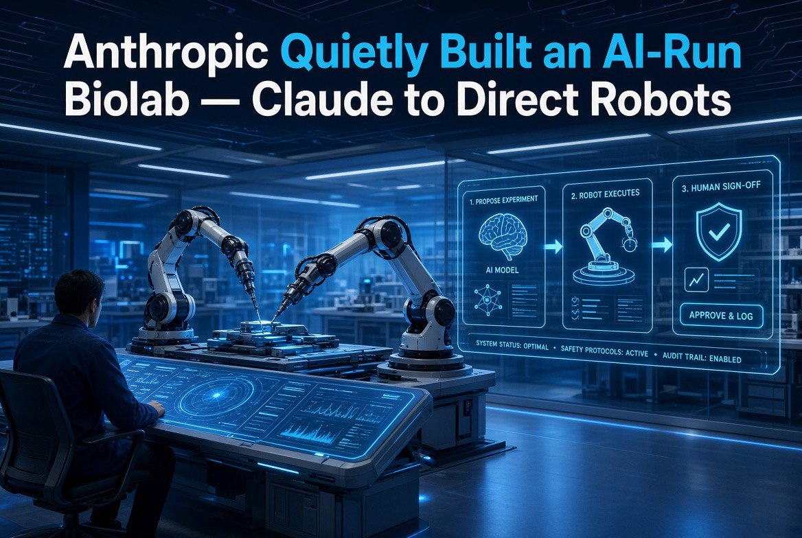 Infographic showing Claude AI directing robots through propose-experiment, robot-executes, human-sign-off steps