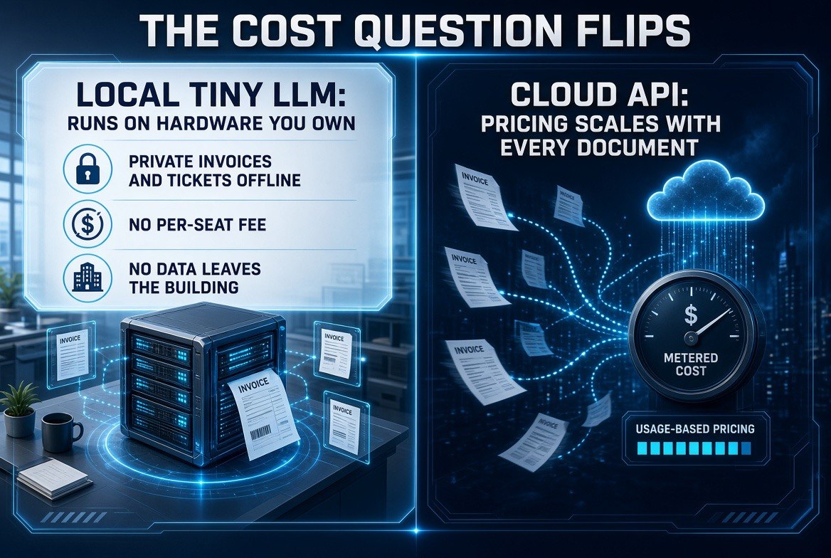 Local tiny LLM versus cloud API cost comparison: offline processing with no per-seat fee versus metered pricing that scales with every document