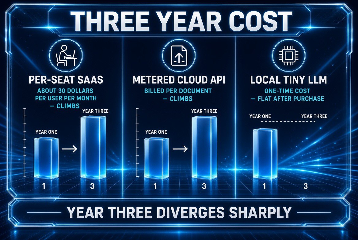 Three-year cost comparison of per-seat SaaS AI at about 30 dollars per user per month, metered cloud API pricing billed per document, and a local tiny LLM with a one-time cost that stays flat