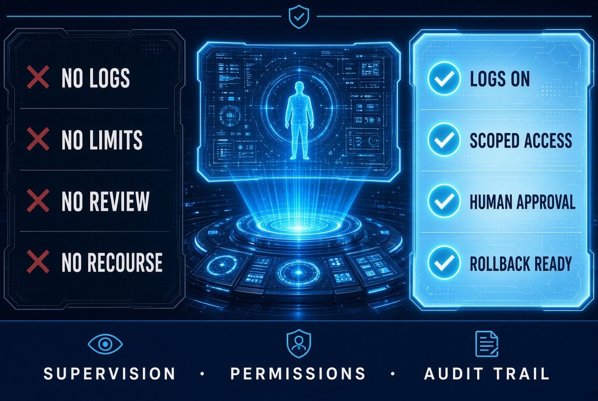 Supervision comparison infographic contrasting no logs, no limits, no review and no recourse against logs on, scoped access, human approval and rollback ready