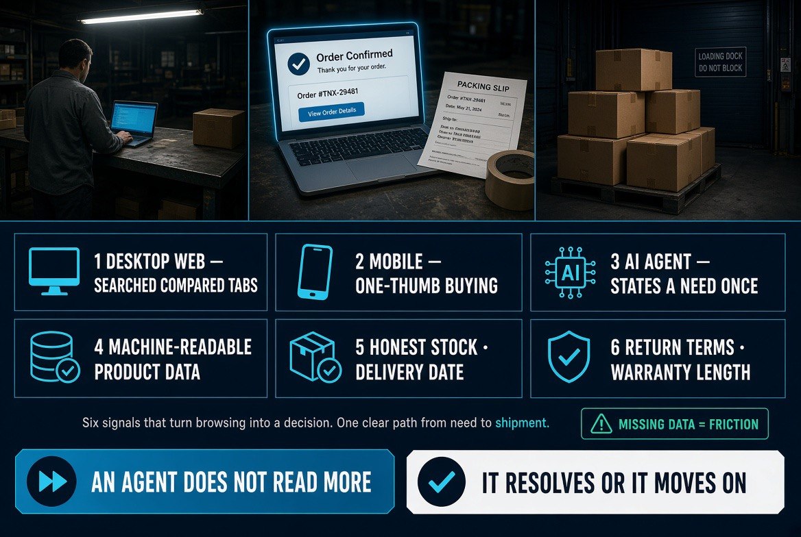 Desktop web, mobile and AI agent buying interfaces with the six product data signals agents use