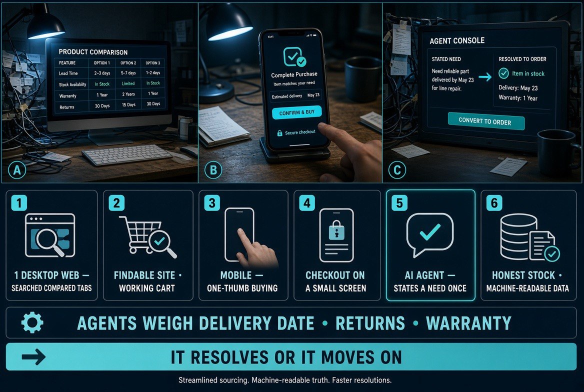 Desktop monitor, mobile phone and AI agent console showing the three buying interfaces and what agents weigh