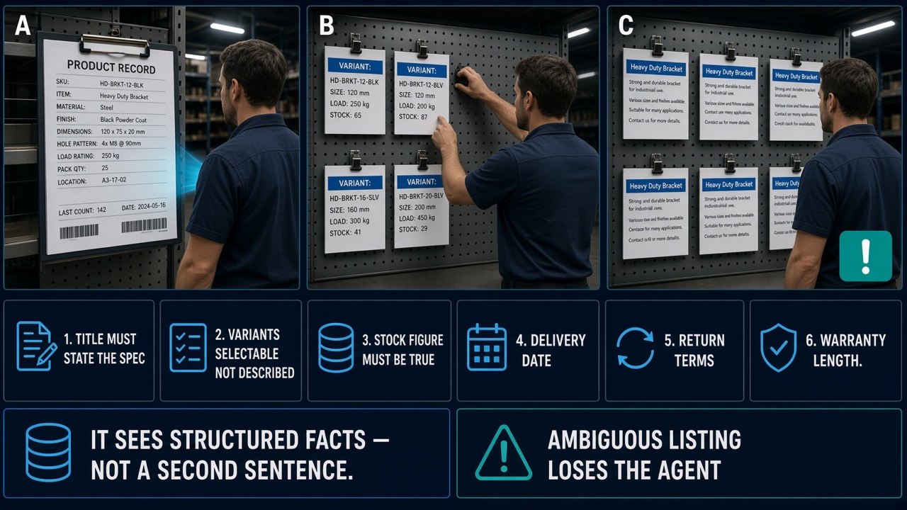 Six product data fields an AI agent needs shown against an ambiguous listing that loses the sale