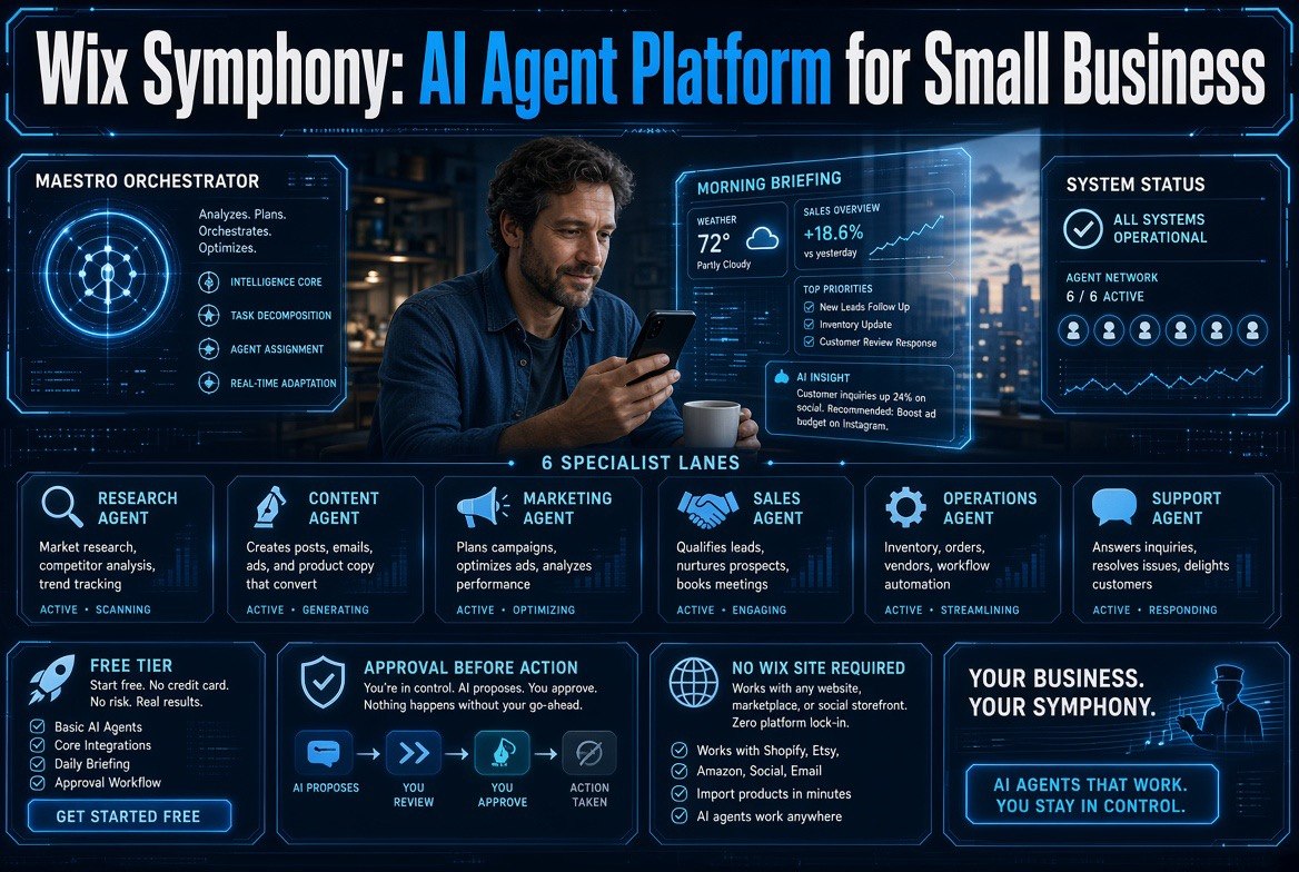 Wix Symphony AI agent platform for small business dashboard