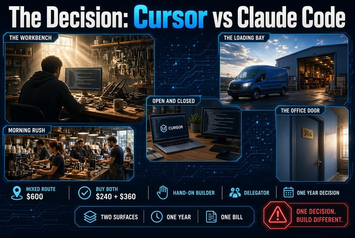 Cursor vs Claude Code decision infographic showing mixed route at $600 per year