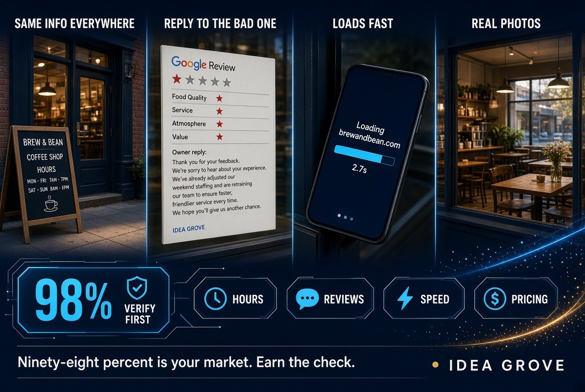 Storefront verification checklist: consistent hours everywhere, replied-to bad review, sub-three-second load, real photos