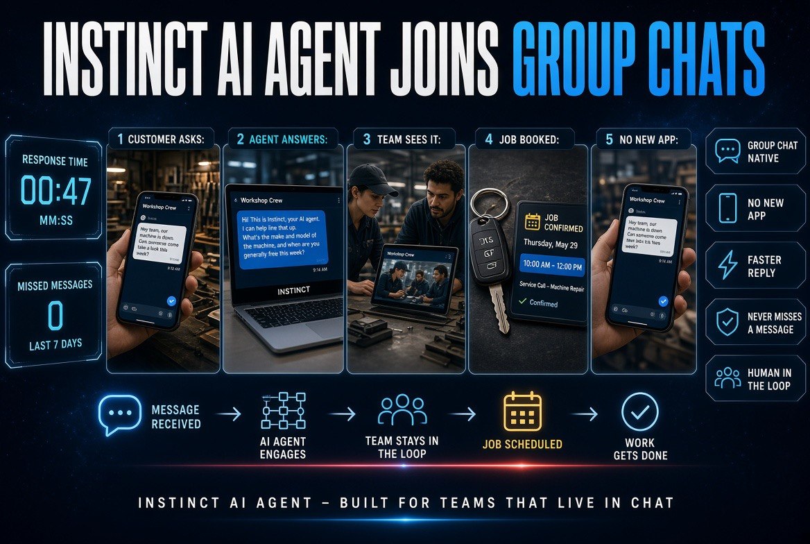 Instinct AI agent answering inside a small business group chat