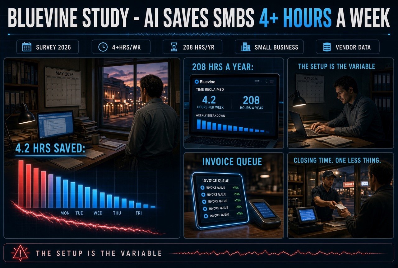 Small business owner in a back office with weekly hour bars burning off overtime, Bluevine survey 2026