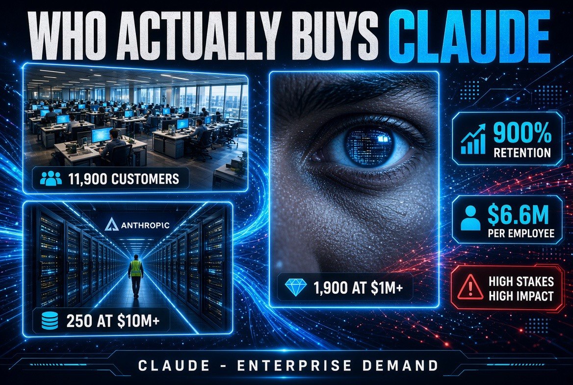 Anthropic Claude enterprise demand: 11,900 customers, 900% net revenue retention, $6.6M revenue per employee
