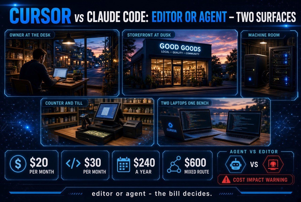 Cursor vs Claude Code editor versus agent infographic comparing pricing tiers