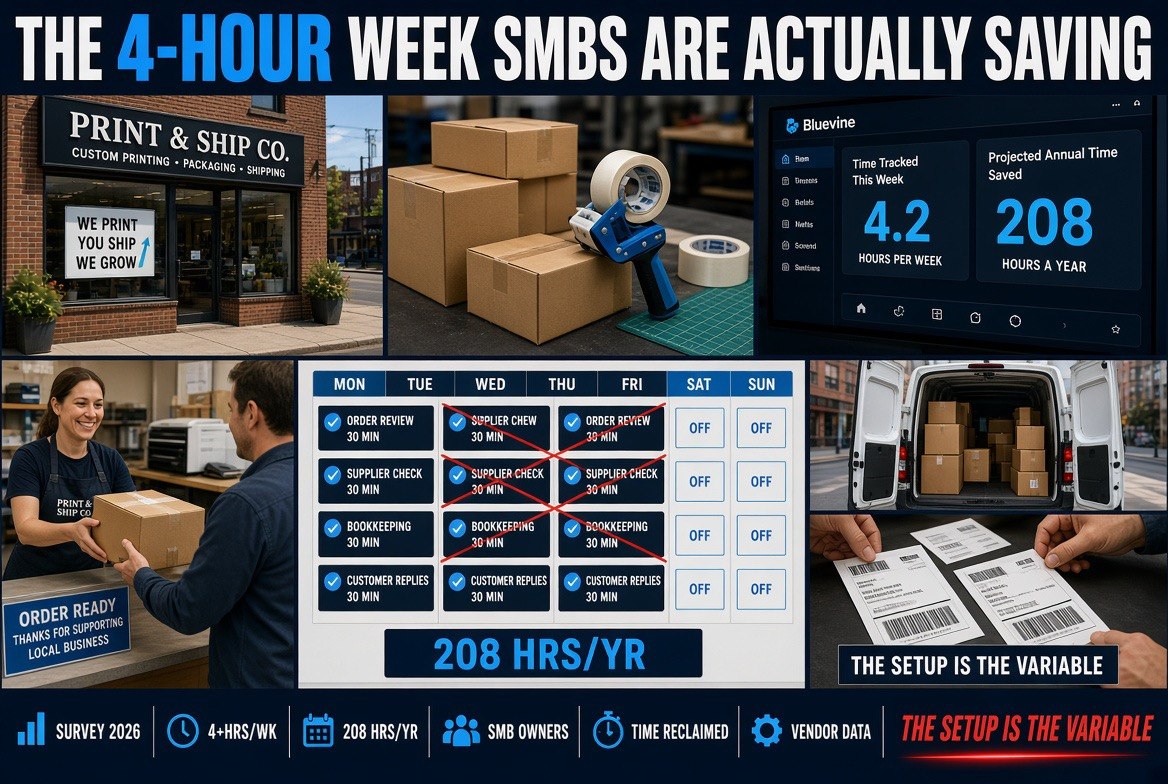 Print and ship shop packing bench with 4.2 hours per week and 208 hours a year tracked, Bluevine