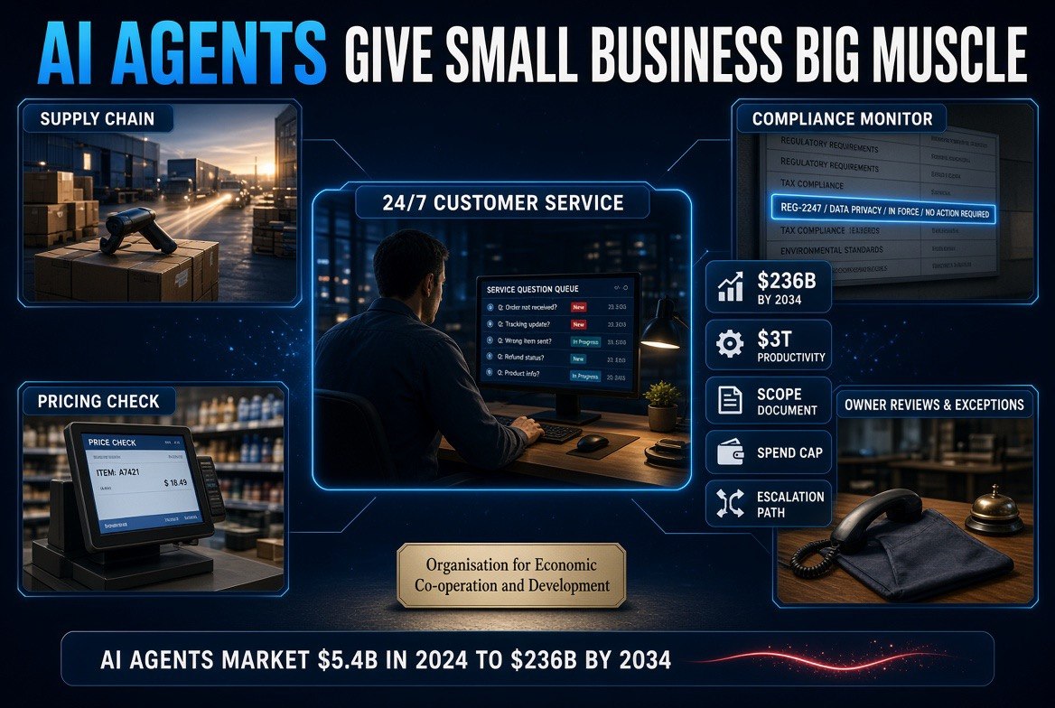 AI agents handling customer service, compliance monitoring, supply chain and pricing checks for a small business