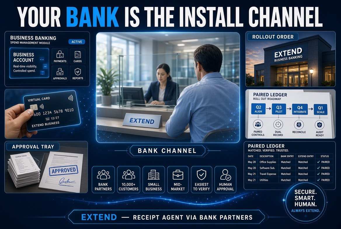 Your Bank Is the Install Channel infographic: Extend spend management module inside business banking, virtual card, approval tray and paired ledger