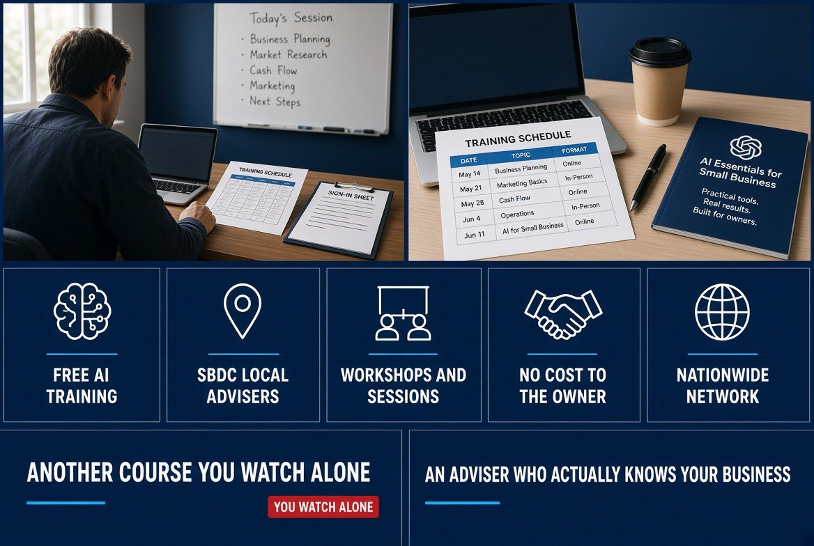 Small business owner at a local SBDC advising desk with a laptop and a printed AI training schedule