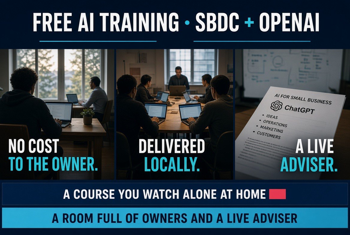 Free AI training from OpenAI and America's SBDC: owner at an advising desk, workshop table with laptops, and a printed handout with a ChatGPT mark