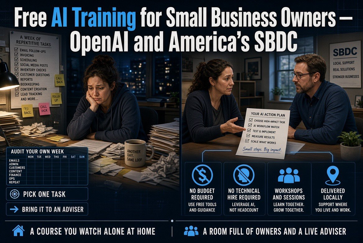 An AI action plan for a small business owner: a weekly audit grid of time-consuming tasks beside a five-step plan from choosing one task to testing and measuring results