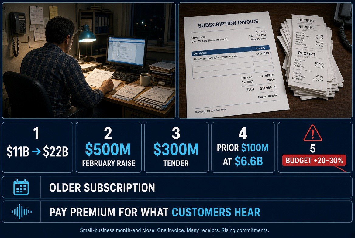 Small-business owner at a month-end desk comparing rising AI voice subscription costs against a stack of vendor receipts
