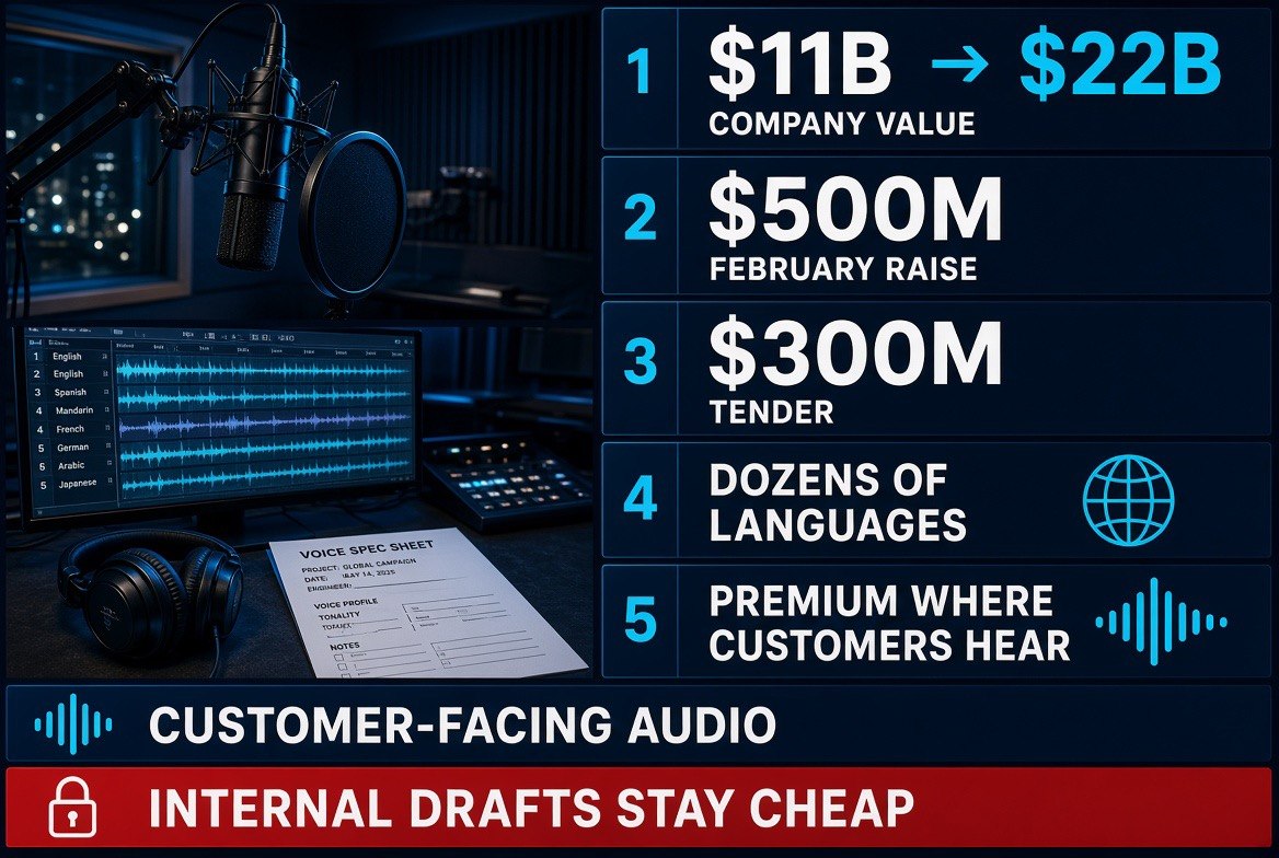 Recording booth broadcast microphone and dubbing console showing parallel language takes for AI voice production