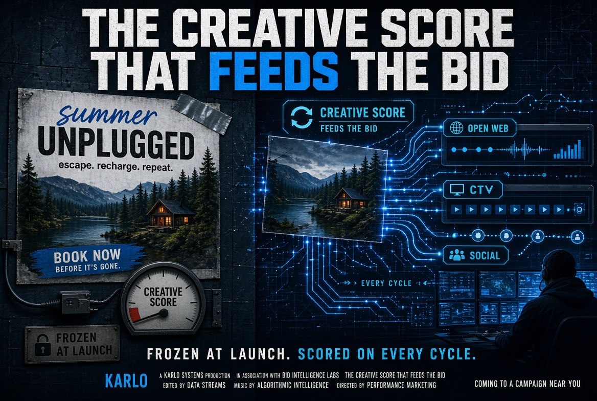 A frozen creative asset breaking into a live creative score loop that feeds the bid stream across Open Web, CTV and Social