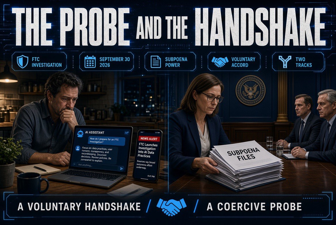 An FTC investigator reading subpoena files beside a voluntary AI safety accord, with a small business owner checking the news at night