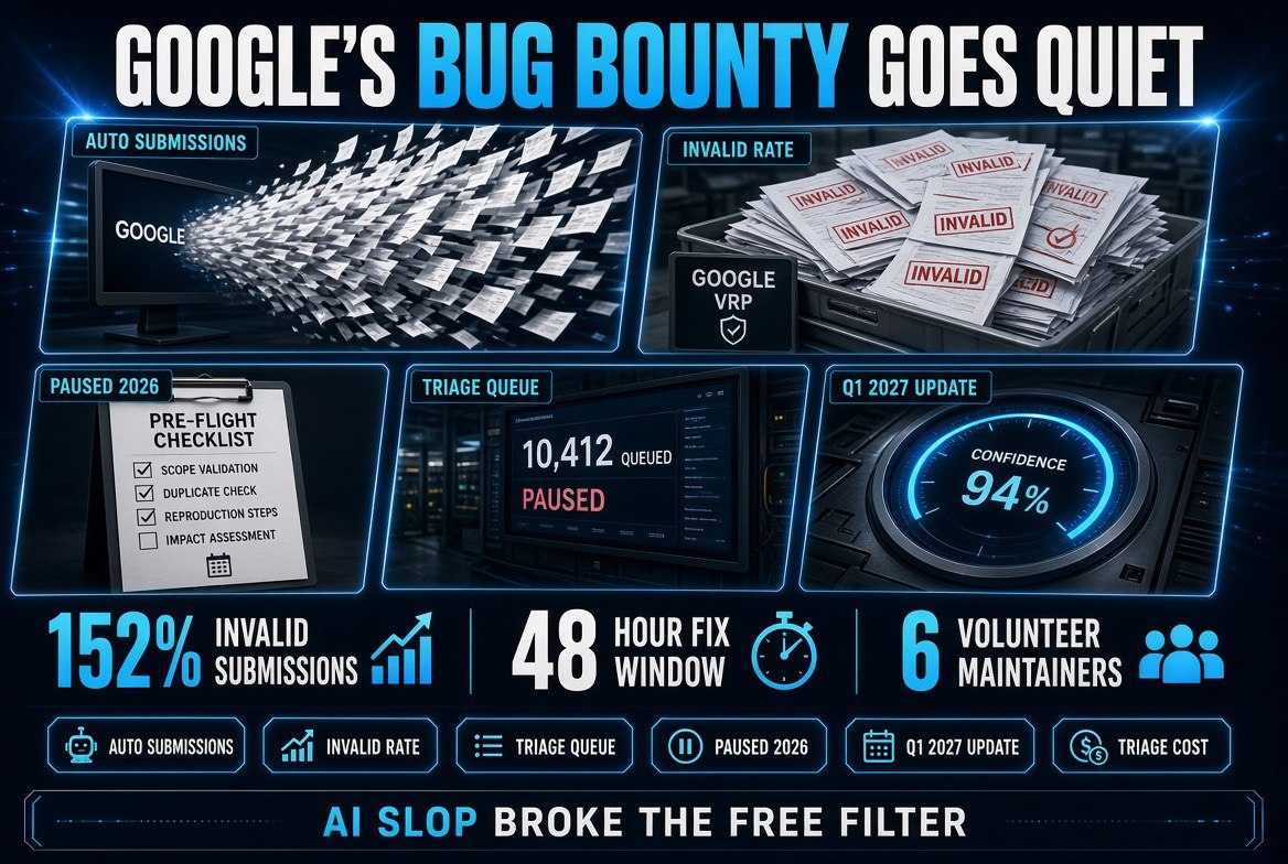Split flow infographic showing automated AI vulnerability reports flooding into human triage as Google pauses its bug bounty