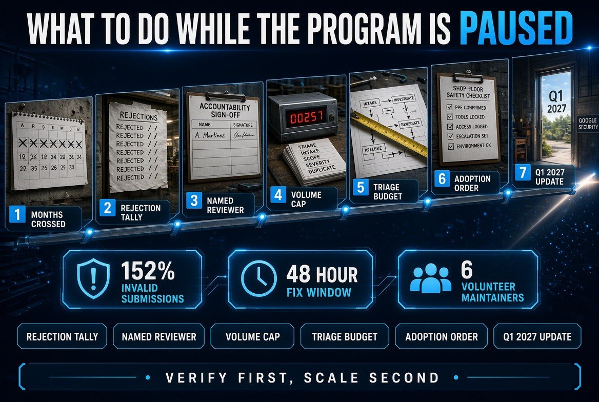 Rising horizon rail infographic showing the six measured steps a team should take while the bug bounty program stays paused