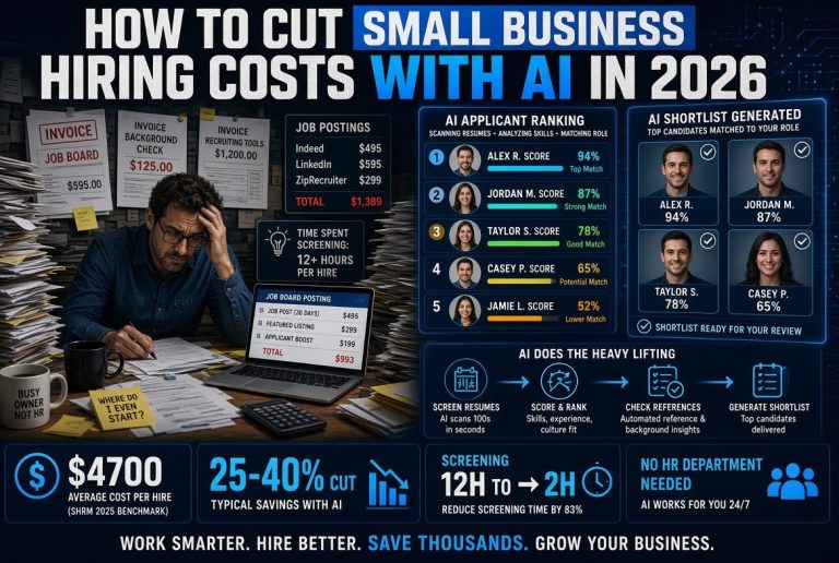 Small business owner comparing manual hiring costs with an AI-assisted screening workflow