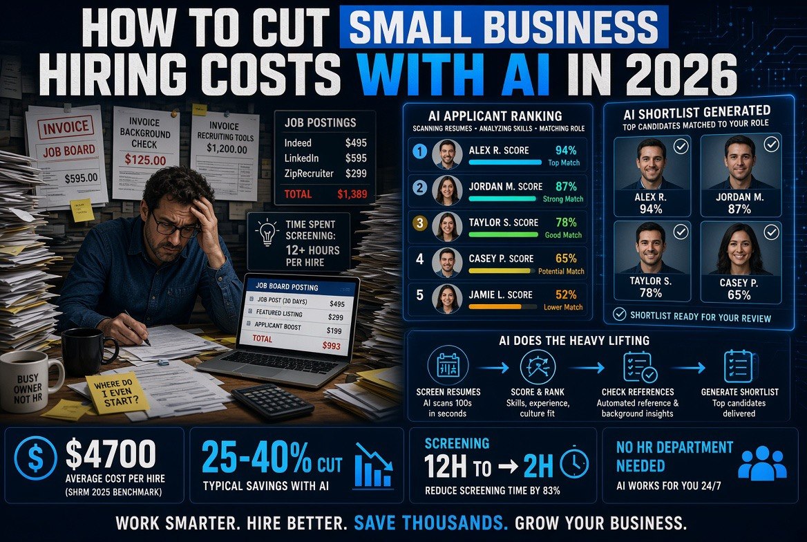 Small business owner comparing manual hiring costs with an AI-assisted screening workflow