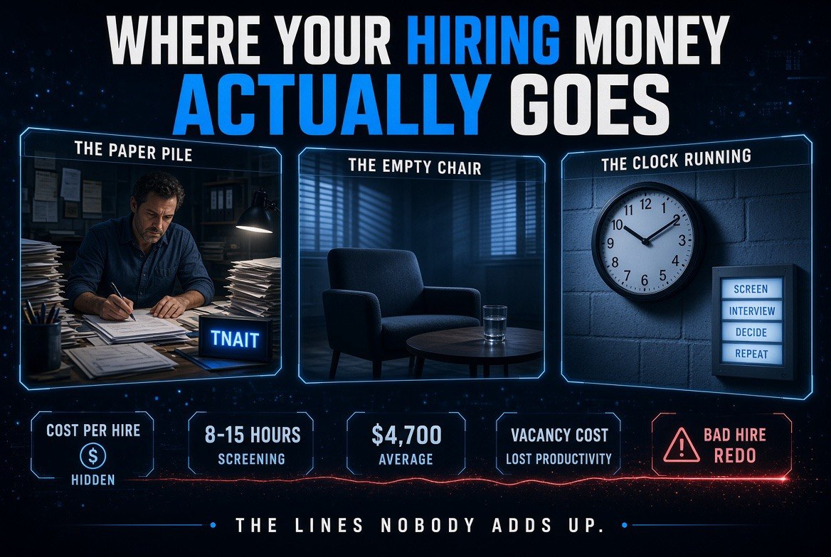 Infographic showing the hidden small business hiring costs of paper applications, vacancy time and screening hours