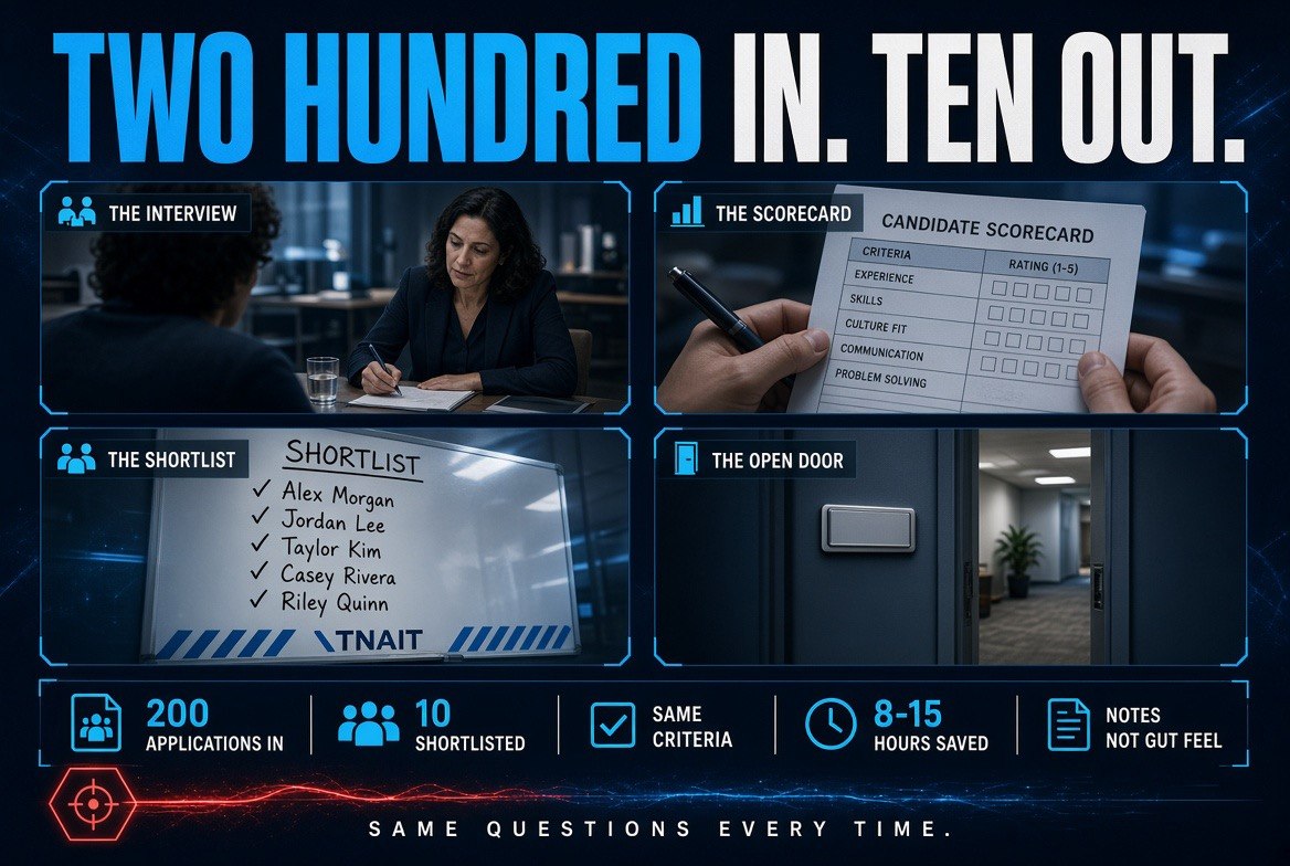Infographic showing AI screening turning two hundred applications into a ten candidate shortlist with a structured scorecard
