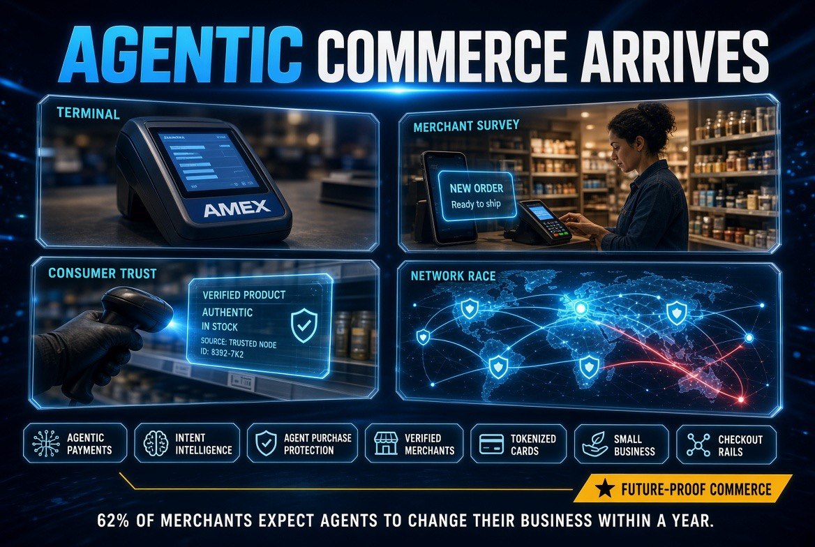 Agentic commerce infographic showing an Amex payment terminal at an independent storefront counter, a merchant survey window, a consumer trust window and a card network race window with the 62 percent merchant expectation figure