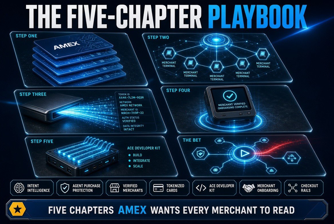 Five-chapter playbook infographic showing a staircase of tokenized Amex card objects, merchant terminal network nodes, data verification, a merchant verified state and the ACE developer kit