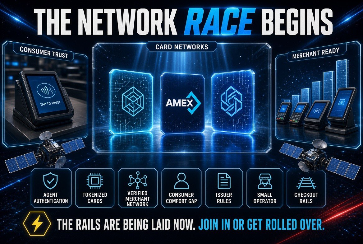 Network race infographic comparing three card networks head to head, an Amex card flanked by competing network emblems, a checkout terminal close up and a rising cluster of merchant terminals